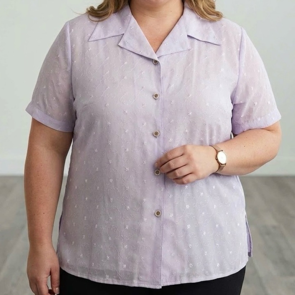 L'Orizia Lilac Eyelet Embroidered Short Sleeve Button Up Shirt Cottagecore Boho